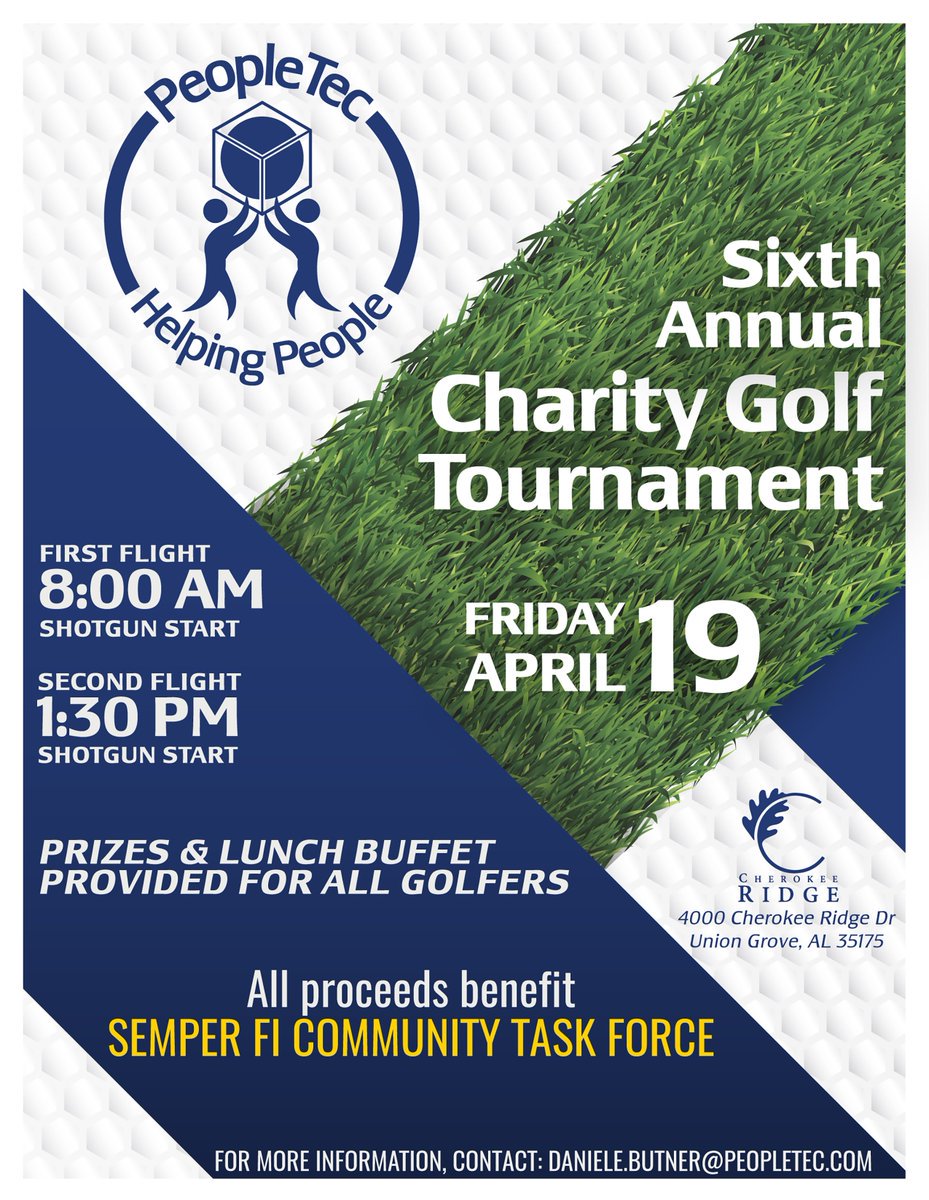PeopleTec's tweet photo. We're less than a month out from our Charity Golf Tournament! Several opportunities for sponsorship still available. All proceeds benefit Semper Fi Community Task Force @semperfictf.
#PeopleTec #PeopleFirst #GolfTournament #HuntsvilleAL #SFCTF https://t.co/ZcjoP1HNCj
