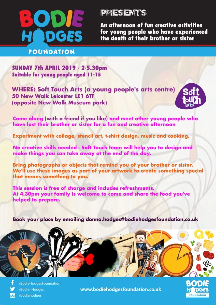 Bodie Hodges (@bodie_hodges) on Twitter photo If you know of any families whose surviving siblings may benefit from this free session put on by <a href="/SoftTouchArts/">Soft Touch Arts</a> then please forward this information to them. We have a few remaining places.
Booking details below. If you know of any families whose surviving siblings may benefit from this free session put on by <a href="/SoftTouchArts/">Soft Touch Arts</a> then please forward this information to them. We have a few remaining places.
Booking details below.