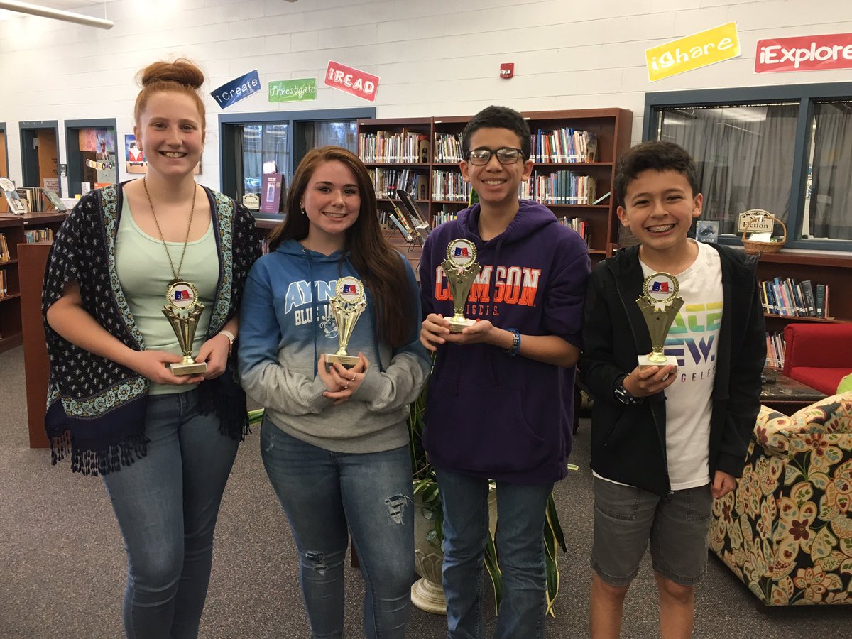 DWest_AMS's tweet photo. Congratulations to our 2018-19 Battle of the Books winners: Kenna Roberts, Aliyeah Granberg, Reyhan Harris &amp; Ryan Vasquez!! Way to go guys!! @AynorMiddle #HCSLibraryMedia #BlueJacketsRead https://t.co/nGZA2Cgkve
