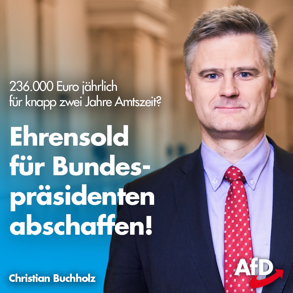 BuchholzMda's tweet photo. Keine zwei Jahre #Bundespräsident und trotzdem 236.000 € Ehrensold im Jahr erhalten? Absolut nicht gerechtfertigt! Der #Ehrensold muss auf ein angemessenes Maß herabgestuft oder gleich gänzlich abgeschafft werden!
#Wulff #AfD
https://t.co/sKwpu7BACF https://t.co/4BqDGdIKdE