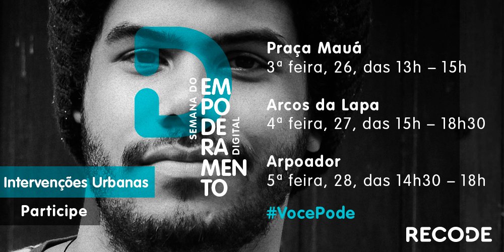 rederecode's tweet image. Atenção Rio de Janeiro! 0⃣2⃣1⃣
De hoje até quinta estamos por pontos turísticos da cidade promovendo a #SemanadoEmpoderamentoDigital! 
👉 Confira nossa agenda! Venha conversar com a gente sobre #EmpoderamentoDigital e todas as atividades que estão rolando nesta semana! #VocePode