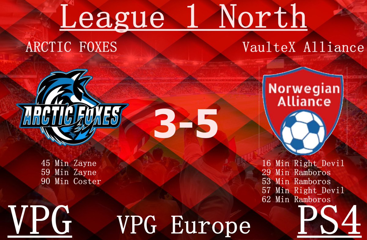 Tonight's result for @VaulteXAlliance in <a href="/OfficialVPG/">Virtual Pro Gaming</a> League 1 North

Great victory against the league leader!

<a href="/Ramboros/">Torstein Sylta</a> ⚽️⚽️⚽️
@Right_Devil22 ⚽️⚽️