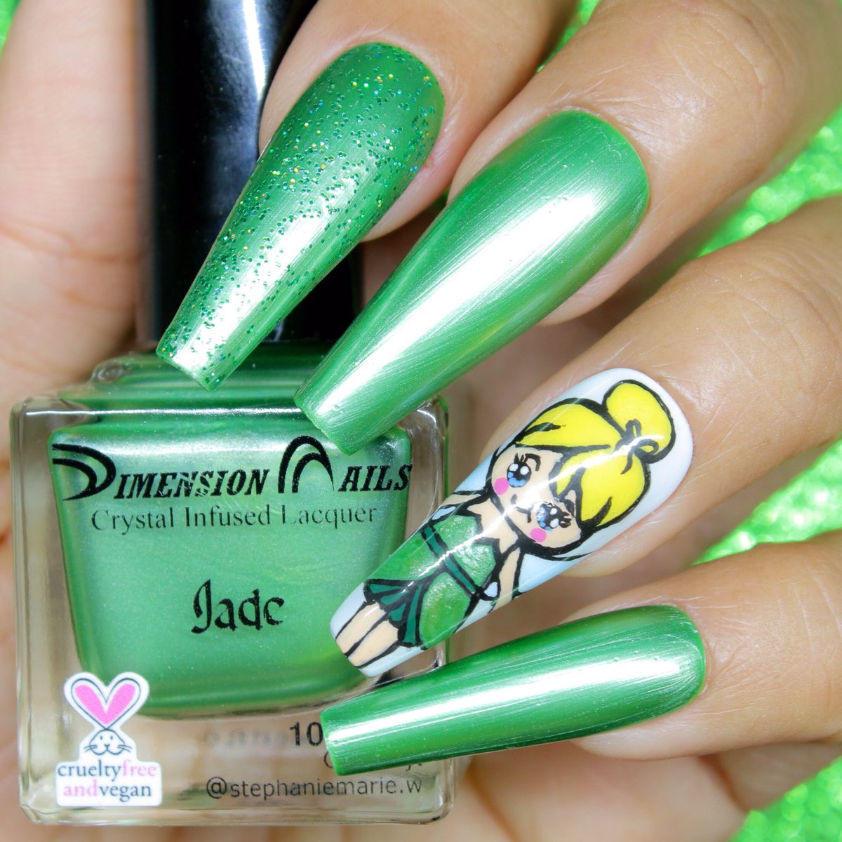 Our new crystal infused lacquer in the color Jade 🤩 All polishes are certified vegan cruelty-free 🌱🐰. And are 10-Free 👩🏽‍🔬 5% of all sales go to Rancho Relaxo 🐮! #vegan #crueltyfree #nailart #tinkerbell #disney