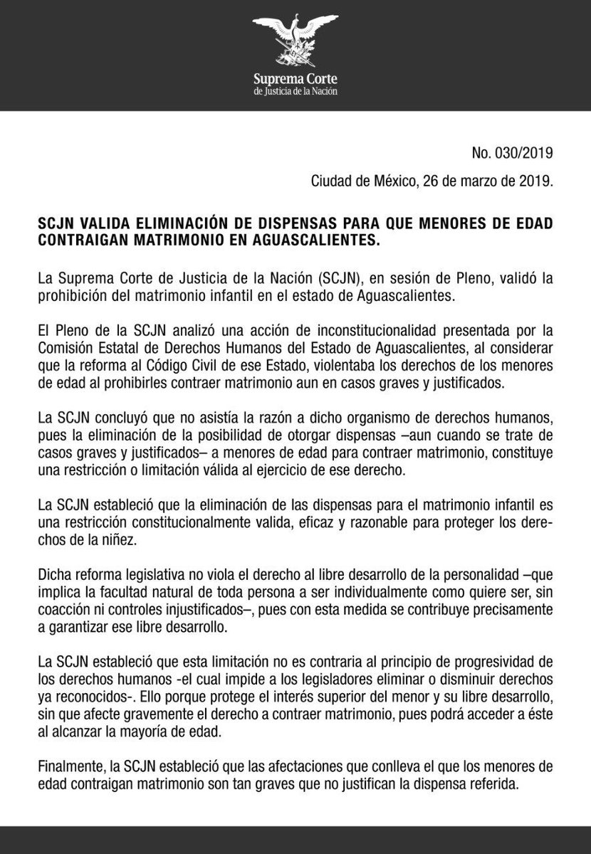 Es válido prohibir el #MatrimonioInfantil. Se protegen los derechos de la infancia y sobre todo de las niñas y adolescentes. No se viola principio de progresividad ni libre desarrollo de la personalidad: #SCJN 

🔗 bit.ly/2TVp1RI