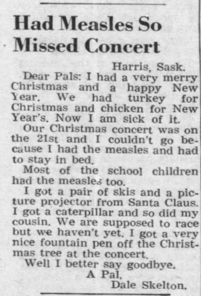 Another child writes a letter to the editor about missing out on the Christmas concert because he had  #measles. Not a word about the illness, symptoms, fears, or anything other than disappointment at missing the concert—a common theme.