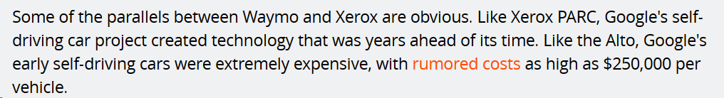 Value investors love  $GOOG: 1) screens reasonable w/ growth; 2) moat of search w/ munger/Russo blessing 3) SOTP w/ Waymo & GCP upside Risk: can't commercialize any new product ( @arstechnica article on Waymo, comparing  $GOOG to Xerox); so stagnant moat  https://arstechnica.com/cars/2019/02/googles-waymo-risks-repeating-silicon-valleys-most-famous-blunder/?utm_source=Memberful&utm_campaign=2e7748aa2e-daily_update_2019_02_19&utm_medium=email&utm_term=0_d4c7fece27-2e7748aa2e-110991309