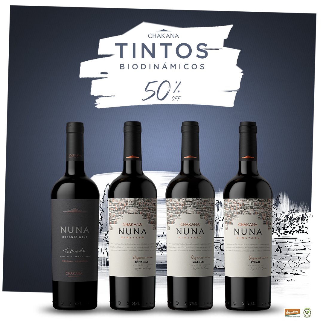 chakanawines's tweet photo. #PromoSemanal - #TintosBiodinámicos 🍷

La práctica biodinámica implica considerar que en la producción los elementos del proceso conviven como un todo. 🍇💪 Hasta el jueves podés tener nuestros 4 Tintos Biodinámicos de Finca Nuna a un 50%OFF. ¡Mirá! ▶ https://t.co/mbjeI7vGrg https://t.co/JmQ6fgMBrV