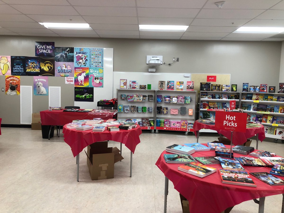 chief_school's tweet photo. Book Fair is here! The shopping fun begins tomorrow at 8:30am. Classes will visit during the school day on Wednesday and Thursday. We will be open on Thursday and Friday during conference times. Thanks @MRSHernberg and Ms Trischuk for your work organizing this. #spstl #bookfair https://t.co/v8IArsdH9s