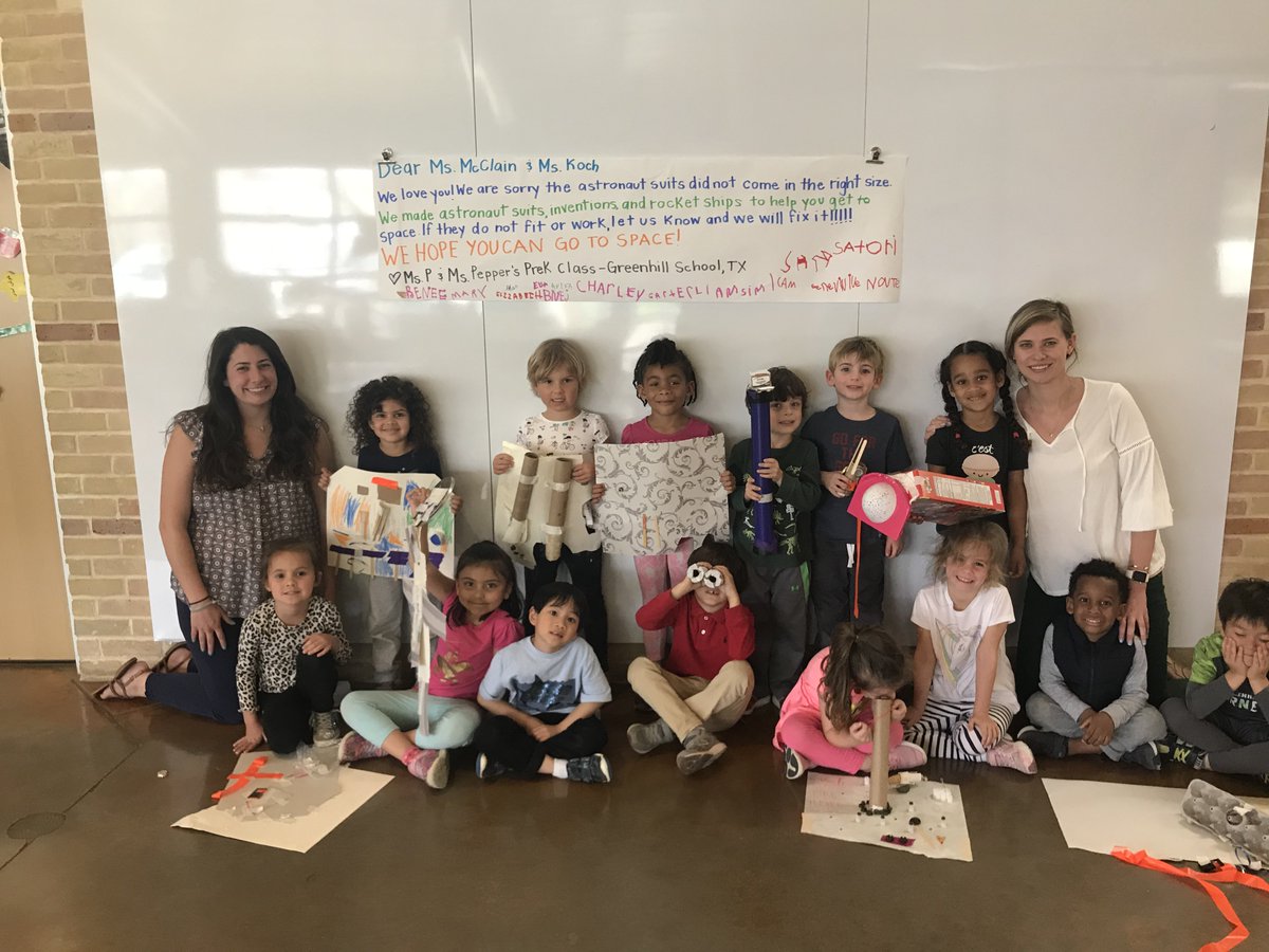 GreenhillSchool's tweet photo. Prekindergarteners create new space suits for Ms. McClain and Ms. Koch to get to space! @NASA #WomensHistoryMonth #changemakers (Read more on our Facebook page!) https://t.co/V1rmPVrVqr