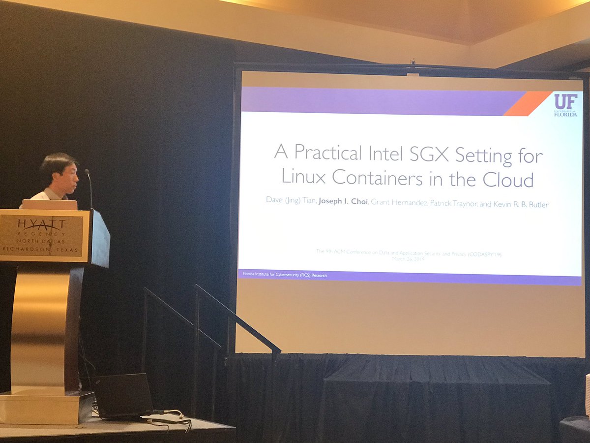 kevinrbbutler's tweet photo. @choijosephi talks about how to practically build and deploy secure containers using Intel SGX at @acm CODASPY. Thanks to authors @davejingtian, @Digital_Cold, and @patrickgtraynor. #sgx @uf_fics https://t.co/LRMfDK2wF3