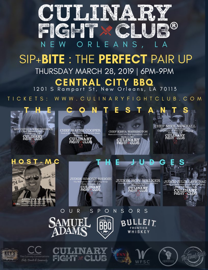 Here's your starting lineup for #CulinaryFightClub #NOLA! Do u have your tickets for the Sip + Bite? Enjoy 1 hr of <a href="/SamuelAdamsBeer/">Samuel Adams Beer</a> with ticket purchase plus you get to Taste &amp; Sip all the chef's creations. <a href="/BulleitUSA/">Bulleit</a> <a href="/Central_CityBBQ/">Central City BBQ</a>
Tix: eventbrite.com/e/culinary-fig…