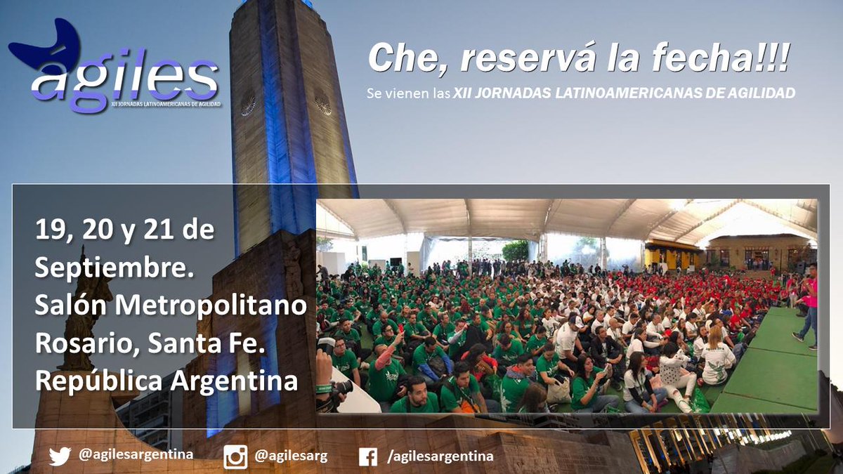 Estamos listos para el #Agiles2019 #AgilesLatam #AgilesLA!!
Bloqueá el calendario y habla con tu agente de viajes, no podes faltar!!
19, 20 y 21 de Septiembre de 2019, Rosario, Argentina
Próximamente entradas a la venta.
Seguinos en redes sociales y enterate más.