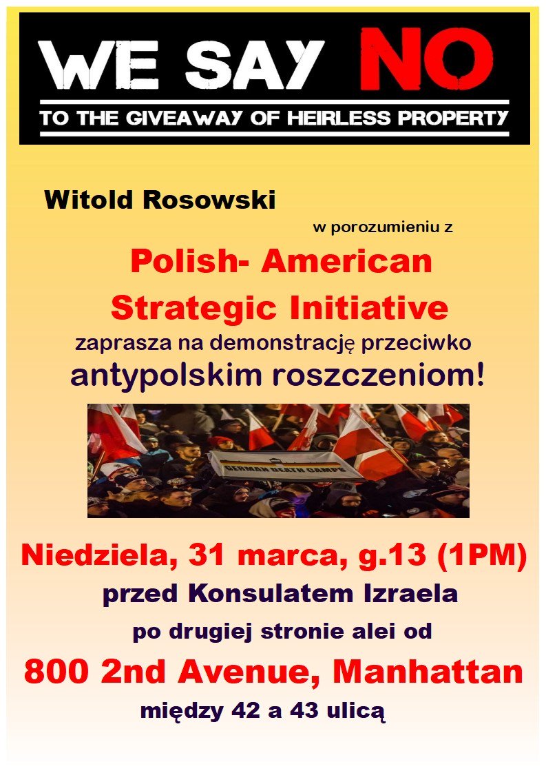 pele_mele1's tweet photo. ❗️❗️❗️31 marca dniem protestów w USA❗️❗️❗️
#NieDlaRoszczeń #StopS447
MANHATTAN, NEW YORK, NY
godzina 13:00 (1:00 PM)
800 Second Avenue, New York, NY 10017
(przed siedzibą Konsulatu Generalnego Izraela)
Contact: Tel.: 917-841-4651
@RosowskiWitek https://t.co/QrfNnwifPR