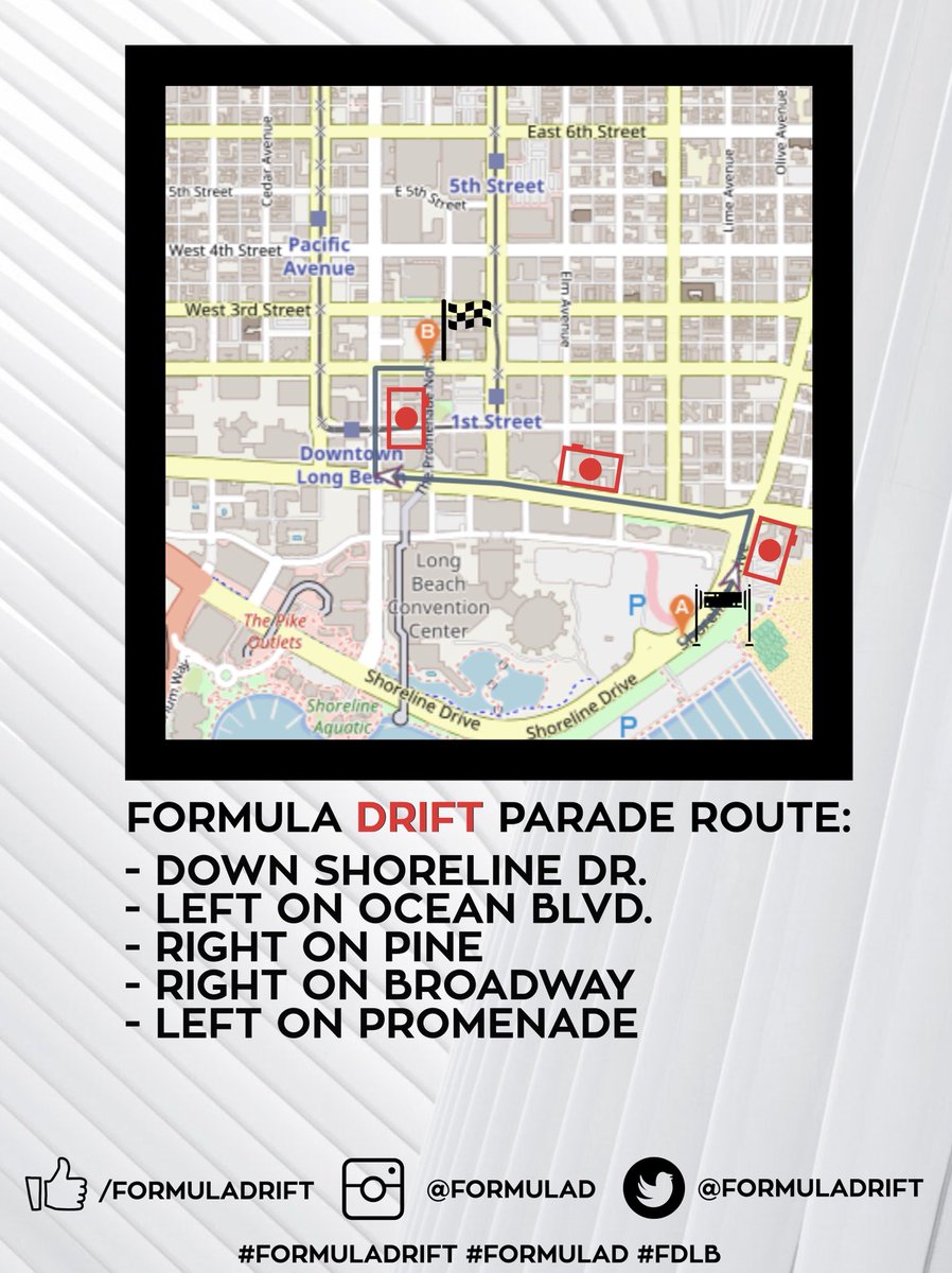 FormulaDrift's tweet photo. -Formula Drift Parade-
You're invited to join us for our Long Beach Parade &amp; Meet. Apr 4th - 7 to 830PM.

Watch 16 FD Pro Drivers cruise The Streets of Long Beach &amp; Hang Out with us at the Promenade to win some exclusive 2019 FD goods!

#FormulaDRIFT #FormulaD #FDLB https://t.co/Y2vLL58SBQ