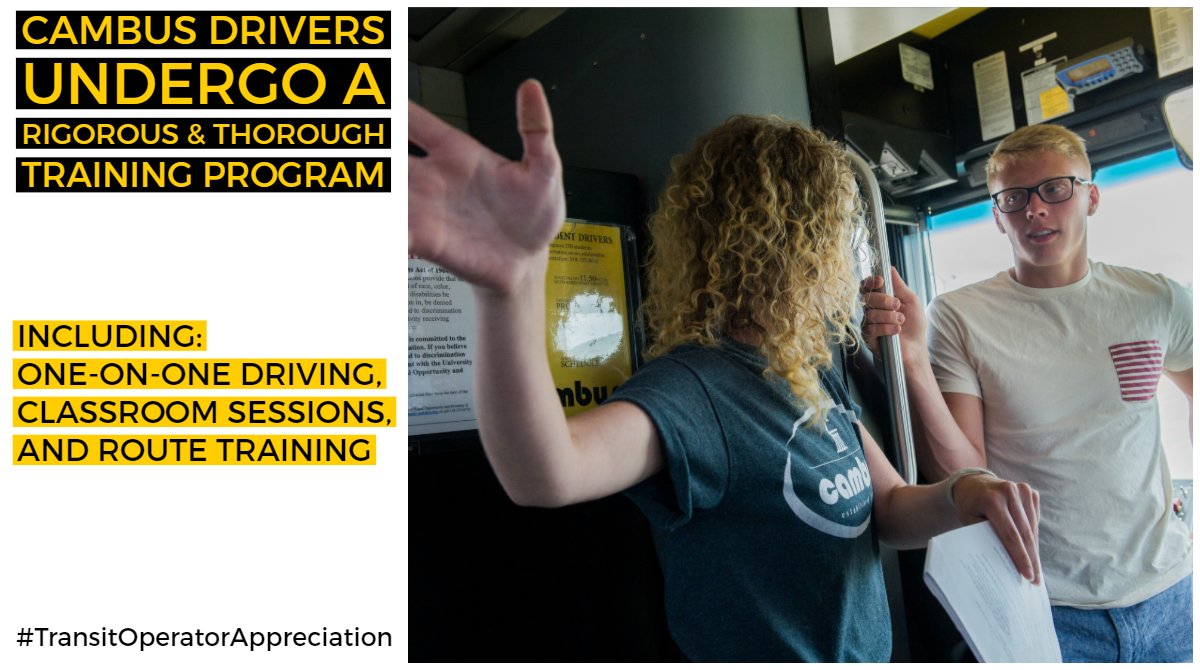 uiowacambus's tweet photo. All CAMBUS drivers undergo a 4-6 week training program including obtaining their Class B CDL. In 2018, CAMBUS student trainers clocked in 4,622 hours providing training to new drivers & continued training efforts across CAMBUS. #TransitOperatorAppreciation #DrivenStudents https://t.co/Q9gsQtAxEc