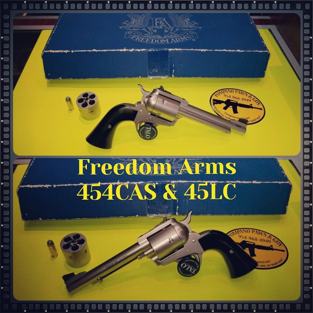 PompanoPawnGun's tweet photo. Freedom Arms 454cas and 45lc w/box unfired WOW rare find! 
.
.
.
.
#freedomarms #revolverrevolution #revolver #singleaction #protectyourself  #pompanopawn #pompanobeach #sickguns #gunsdaily #gunrights #nra  #collectorswanted #gunsofinstagram #guncollectionwanted #webuyguns https://t.co/d8Dy68PgE1