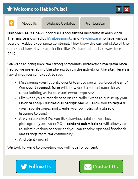 HabboPulse's tweet photo. Our main developer is such a Habbo fan that he styled one of our content boxes to look like the in-game navigation window 😯!  Maintenance page will be uploaded by tomorrow!  Discord will be ready by Thursday!  Still looking for a Site Admin and Community Admin! #habbo @Habbo https://t.co/75UiIg2d7i