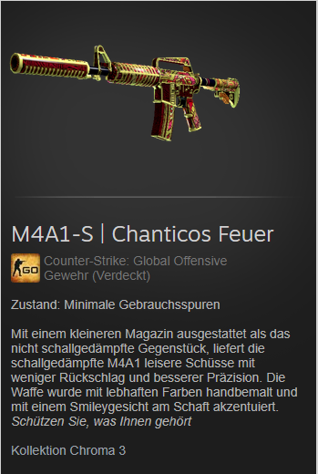 alexaNcs_'s tweet photo. 🧐 GIVEAWAY🧐

🕵️‍♂️Giving away a M4A1-S | Chantico's Fire Minimal Wear🕵️‍♂️

All you have to do is:
Follow my Twitter🚶‍♂️
Follow on Twitch https://t.co/YYHzu3UxPq 🕺
Retweet this Post 🗣️

Winner will be drawn on 14/04/2019 🔚
Good luck to everyone!🍀
#csgo #giveawayCSGO #CSGOGiveaway https://t.co/Mmy6745xi1