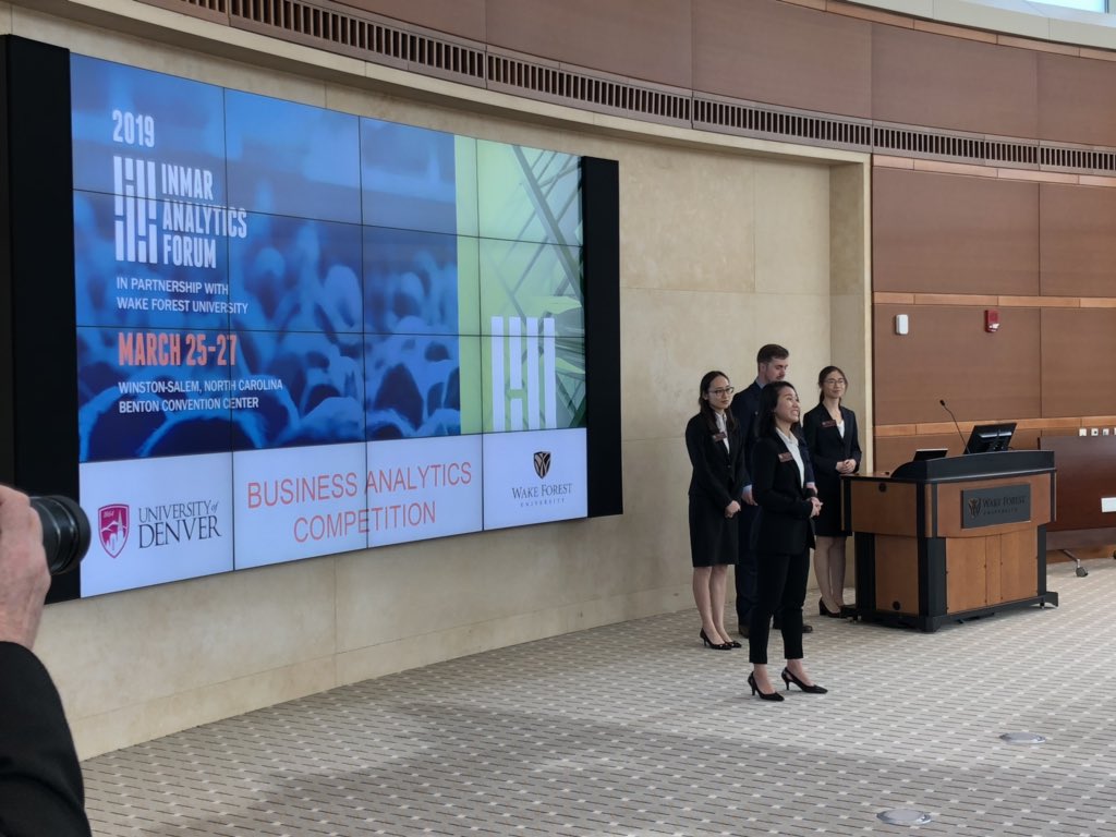 BIAatDaniels's tweet photo. Congrats to our @uofdenver @danielsatDU student team who made the Finals of the #inmarforum19 case competition. Wish Chip, Jasmine, Ben, and Ann luck as they compete with Duke and Wake Forest tomorrow for the title! https://t.co/eGm8fGijLw