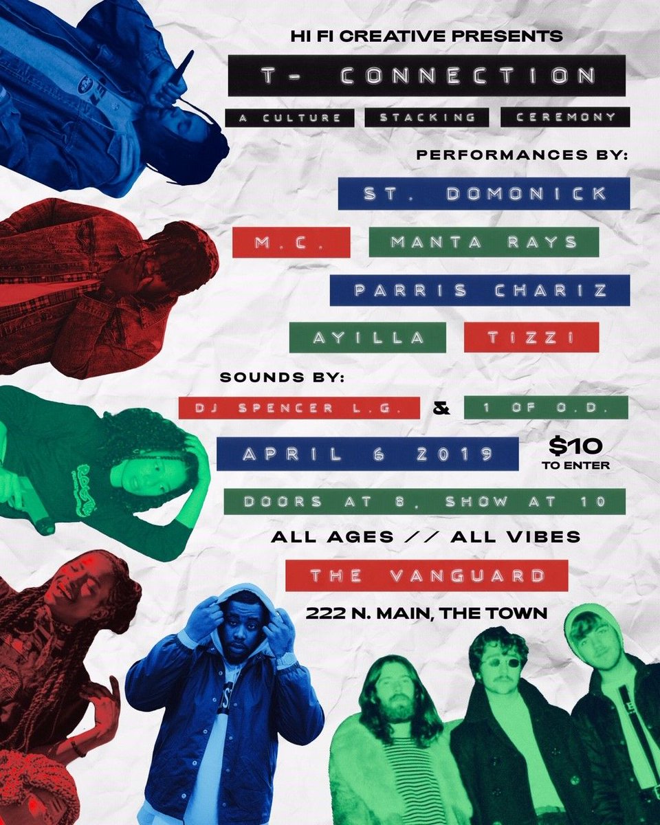The Vanguard Tulsa (@tulsavanguard) on Twitter photo Saturday, 04/06 ///
T-Connection: A Culture Stacking Ceremony
featuring performances by <a href="/StDomonick/">7 4 1 0 6</a> // <a href="/mantaraaays/">Manta Rays</a> // <a href="/parrischariz/">Take You To Parris</a> // @short_enough24 // Tizzi
Get tickets here: buff.ly/2HTb1Ra Saturday, 04/06 ///
T-Connection: A Culture Stacking Ceremony
featuring performances by <a href="/StDomonick/">7 4 1 0 6</a> // <a href="/mantaraaays/">Manta Rays</a> // <a href="/parrischariz/">Take You To Parris</a> // @short_enough24 // Tizzi
Get tickets here: buff.ly/2HTb1Ra