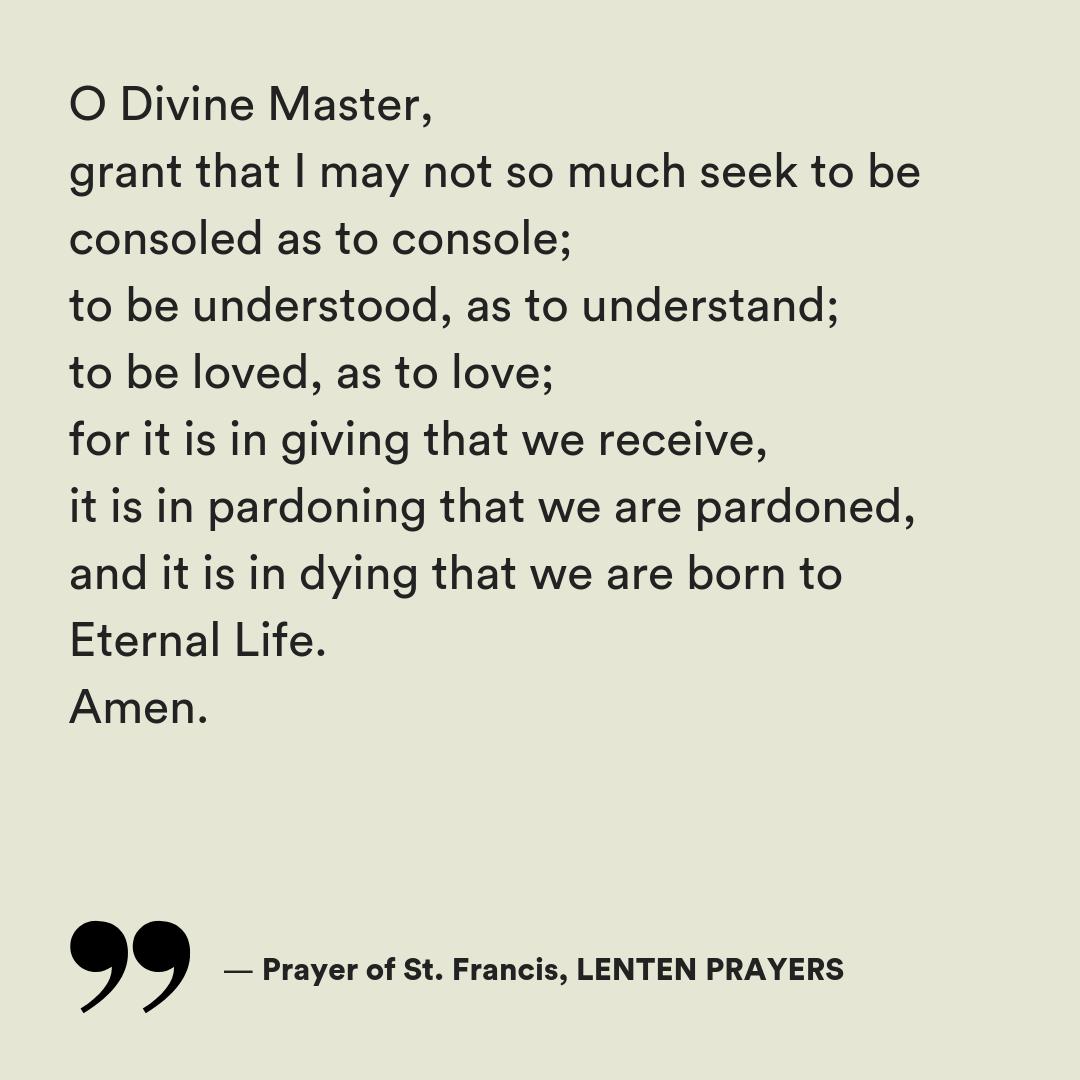 As followers of Jesus around the world observe Lent, join us in this prayer of St. Francis centered on surrendering our lifestyles to the One Who Embraced Death.
—
ow.ly/3LVv30ocGoH