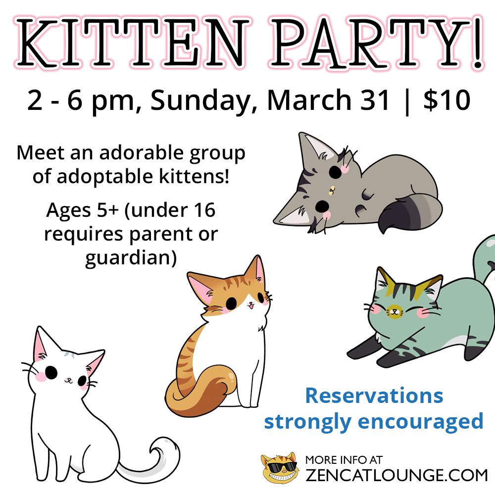 ZencatLounge's tweet photo. The next Kitten Party is only a few days away and it’s nearly sold out! We have just a few spots left, so register today if you want snuggles with bitty kitties on Sunday! https://t.co/73SEED5g5w

#kittenparty #adoptablekittens #brea #socal #adoptdontshop https://t.co/BupbY8dZTG