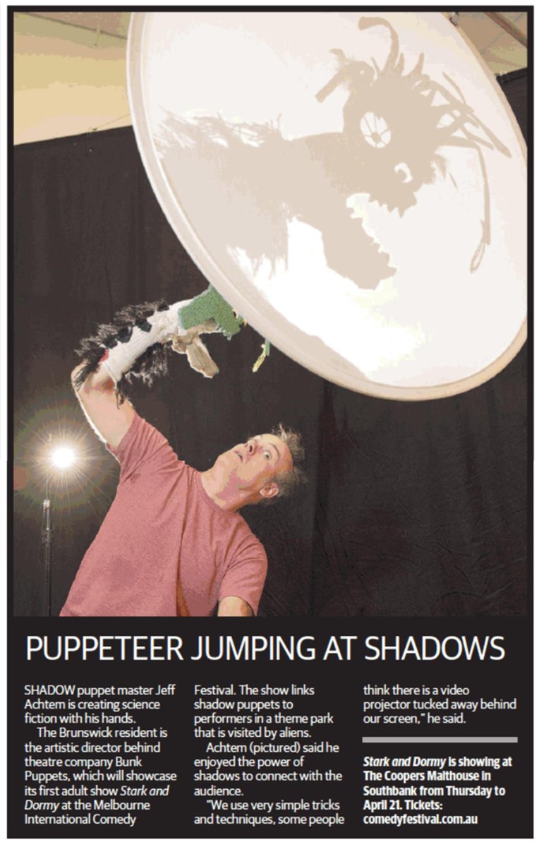 BunkPuppets's tweet photo. That there's Jeff in this weeks' Moreland Leader. Talking all about #StarkandDormy and how this new season for the @micomfestival has evolved into something bigger and better since last year. Yep. We preview tomorrow night. See you you there! 👽⛈☔️#BunkPuppets #MICF https://t.co/tMoThmymp9
