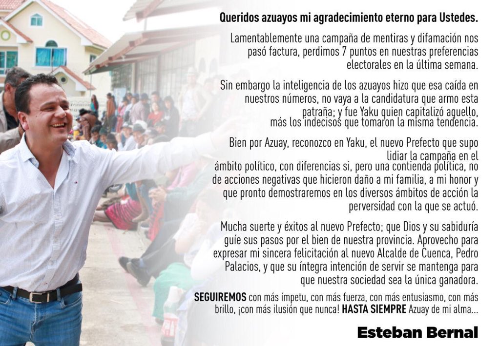 EstebanBernalB's tweet photo. Mi último pronunciamiento con respecto a la reciente contienda electoral... Previo a un espacio de reflexión junto a mis hijos, mi familia, mis amigos de lucha; con la bendición de Dios pronto VOLVEREMOS... https://t.co/g9kxNYBH59