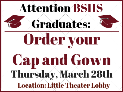BayShoreSchools's tweet photo. Attention @bayshorehs seniors! This Thursday, March 28, please stop by  the Little Theater Lobby to order your cap and gown for graduation.  There is no charge to order your cap and gown, but you must order them  to walk in our graduation ceremony in June. #DreamLeadAchieve https://t.co/jglObT5leQ