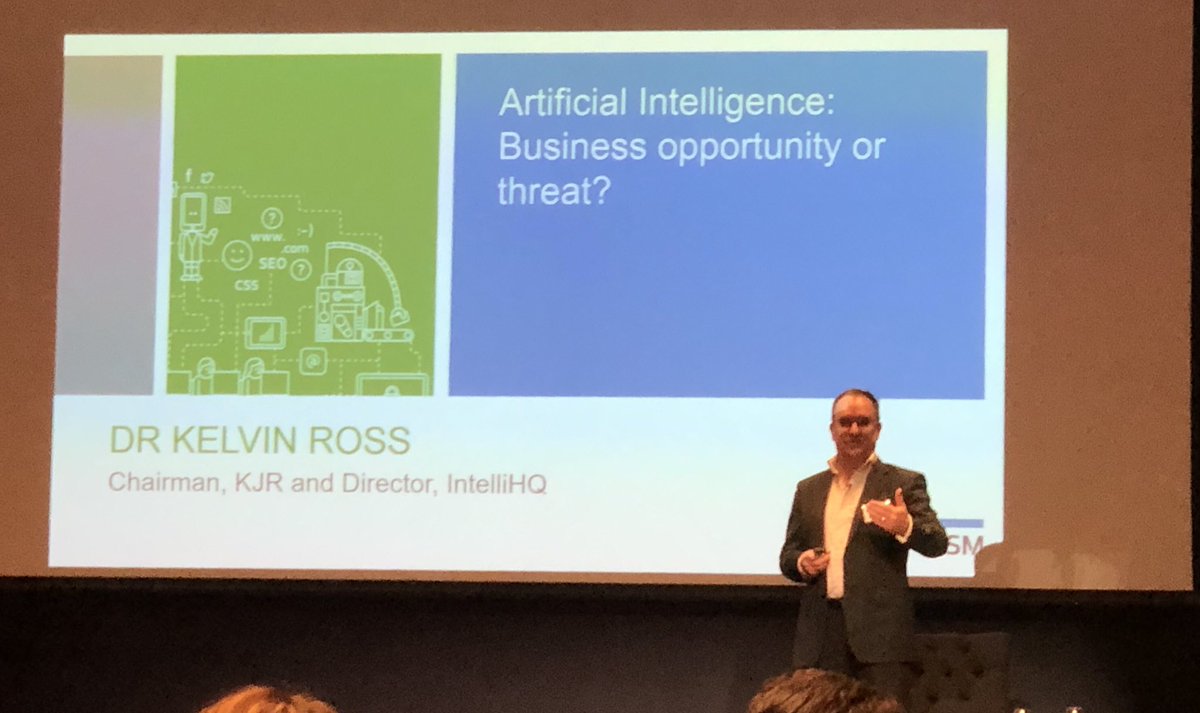 @kelvinjross taking the stage to explore the opportunities and threats  at the @RSM_au Business and Finance Symposium 2019. Sharing insights form @kjr_au and @intelliHQ AL & ML explorations, encouraging attendees to #thinkfurther