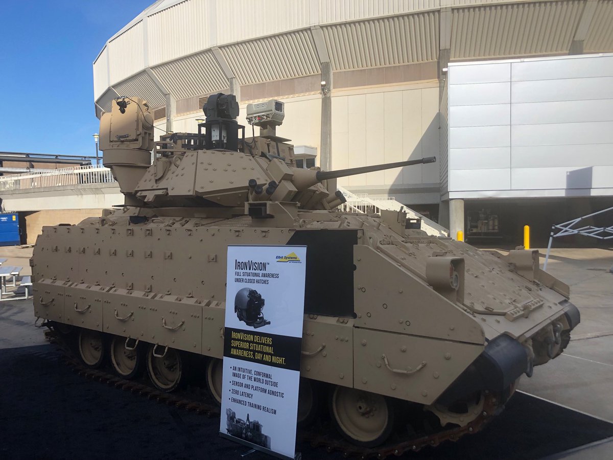 SydneyFreedberg's tweet image. Israel’s Elbit has fitted this ⁦@USArmy⁩ M2 Bradley with external cameras linked to helmet-mounted displays for the crew, aka Iron Vision (b/c everything from Israel is iron now?). #Neatstuff ⁦⁦@AUSAorg⁩ #AUSAGlobal