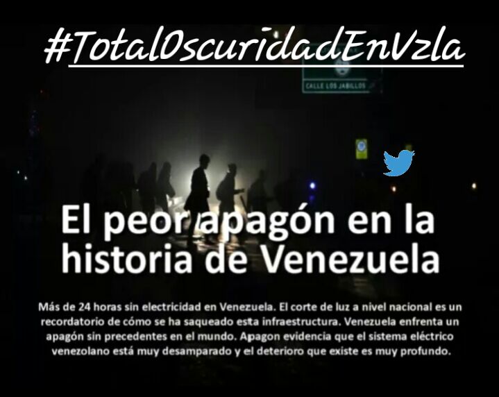 DannyBastidas3's tweet photo. Nuevamente sin servicio eléctrico a nivel general, cuántas víctimas acarreará? El gobierno ilegítimo no brinda ninguna solución positiva. #TotalOscuridadEnVzla https://t.co/MFysUcO2bR