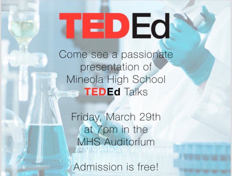 betterbesloane's tweet photo. Don’t miss @mineolahs 2nd annual @TED_ED presentation this Friday, March 29th at 7pm! Admission is free but the ideas are priceless! @Mrs_Audiino #guessthetopic (@Patrick_Talty any guesses?! Hint: you’re related to the presenter) https://t.co/4Krf4EWWpv