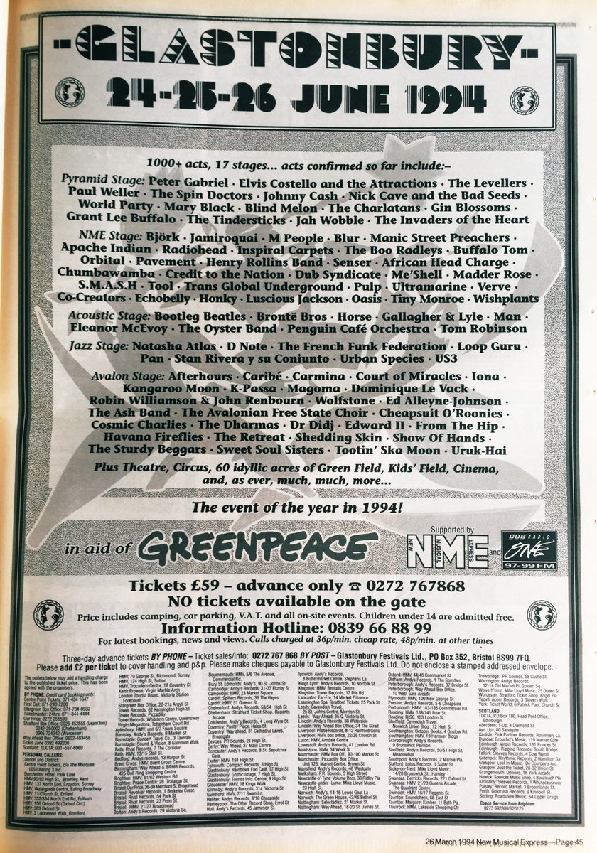 Britpopmemories's tweet photo. On this day 25 years ago the first advert appeared for Glastonbury 1994. This was the first year it was televised (Channel 4) and it brought the mysterious world of the music festivals into our living rooms. I still remember being mesmerised by the Oasis and Echobelly sets. https://t.co/nguxgqkLsL