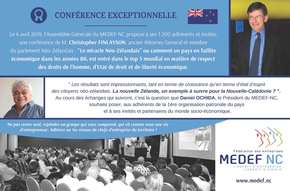 MedefNC's tweet photo. "Le miracle Néo-Zélandais" #conférence exceptionnelle de notre invité de  marque, Christopher Finlayson pour l'AG @MedefNC > La NZ, un  exemple à suivre pour la Nouvelle-Calédonie ? C’est la question que  @daniel_ochida, posera aux adhérents et invités.  https://t.co/sdGz72GacW https://t.co/LXASF1nVqZ