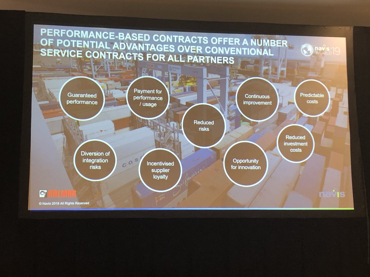 MaijaEklof's tweet image. “Performance-based contracts offer multiple advantages over conventional service contracts such as predictable costs, reduced investment costs, guaranteed performance and incentivised supplier loyalty”, says Guenter Schmidmeir from @Kalmarglobal at #NW2019 #OneTerminal