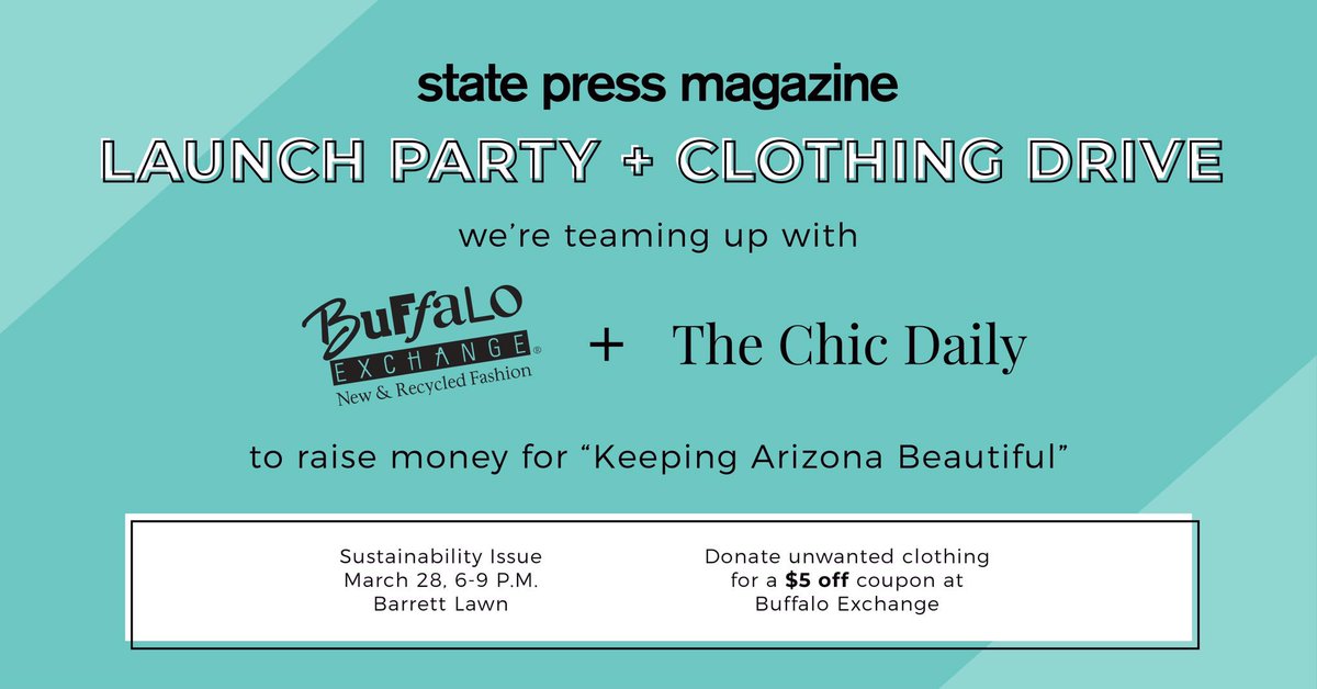 alexispotter_'s tweet image. 🚨 THURSDAY: clean our your closet and meet us on barrett lawn as @statepressmag, @thechicdaily and @buffaloexchange team up to collect clothing for @AZBeautiful + you get a $5 coupon and free pizza! ♻️