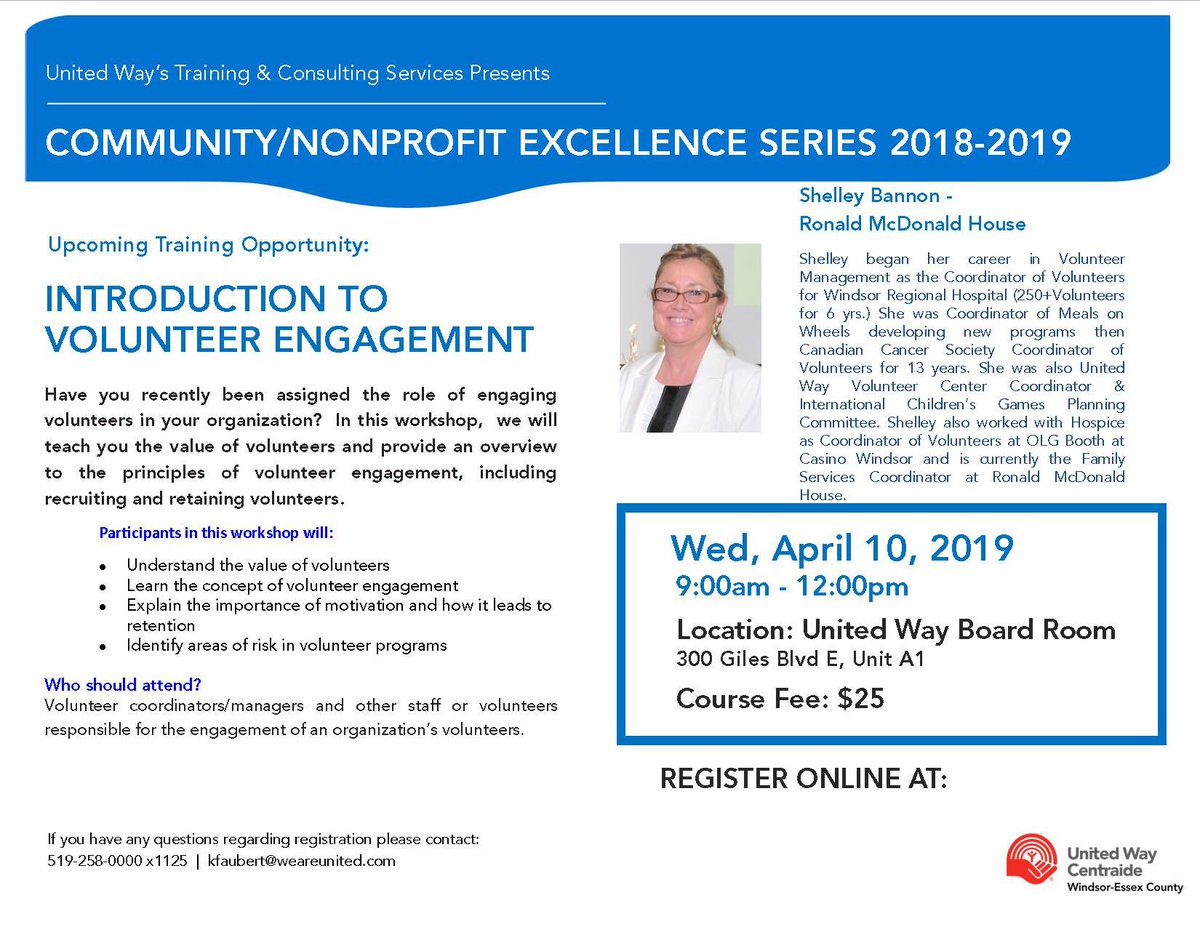 Upcoming  workshop by Shelly Bannon - Windsor Regional Hospital on Volunteer Engagement at United Way