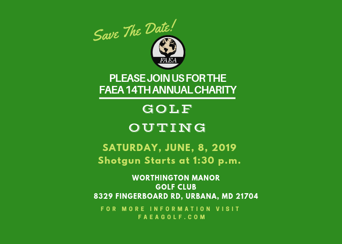 FAEAInc's tweet photo. SAVE THE DATE: For the 2019 FAEA 14th Annual Charity Golf Outing. 

For additional information and to view previous charity projects funded by FAEA, please visit our website at https://t.co/t9B3tMjhne #FAEAInc #FAEAGolf #DMVGolf #MDGolf #golfers https://t.co/VFlKMXhfgt