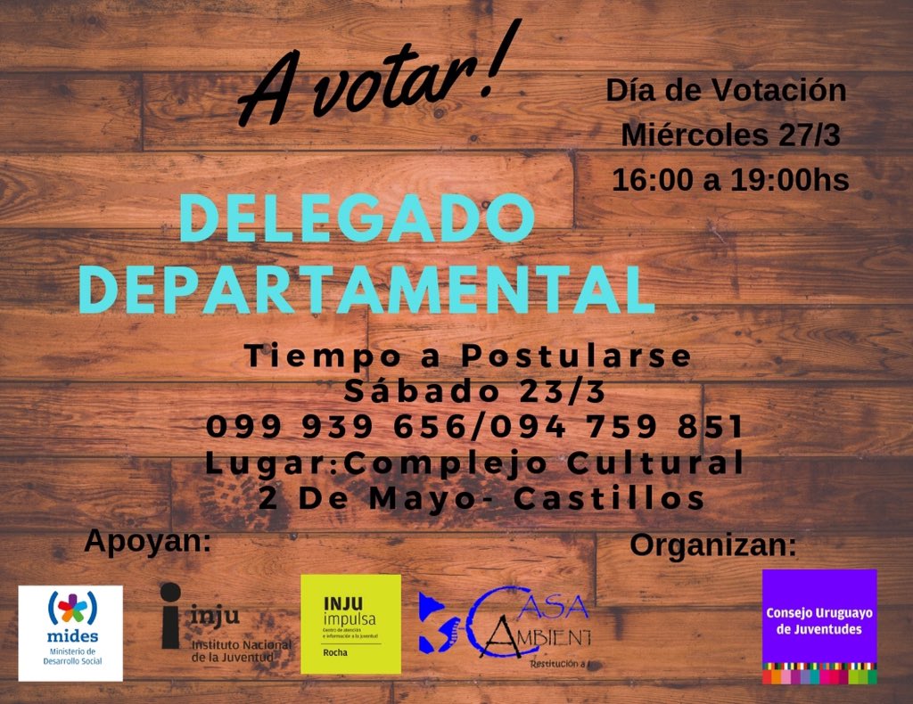 ImpulsaRocha's tweet photo. Circuitos receptores de votos por localidad. 

🔸Castillos: de 16 a 19 hs en el Complejo Cultural 2 de Mayo. 

🔸Rocha: 17 a 19 hs en Casa Joven. 

🔸Lascano: 15:30 a 19 hs. en el Centro Cultural. 

🔸Chuy: 14 a 16 en el Liceo 1 y de 16 a 17 hs en Centro Juvenil Alternativa Chuy. https://t.co/WXLW1nsmZc