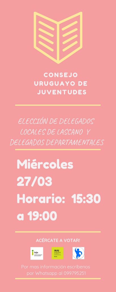 ImpulsaRocha's tweet photo. Circuitos receptores de votos por localidad. 

🔸Castillos: de 16 a 19 hs en el Complejo Cultural 2 de Mayo. 

🔸Rocha: 17 a 19 hs en Casa Joven. 

🔸Lascano: 15:30 a 19 hs. en el Centro Cultural. 

🔸Chuy: 14 a 16 en el Liceo 1 y de 16 a 17 hs en Centro Juvenil Alternativa Chuy. https://t.co/WXLW1nsmZc