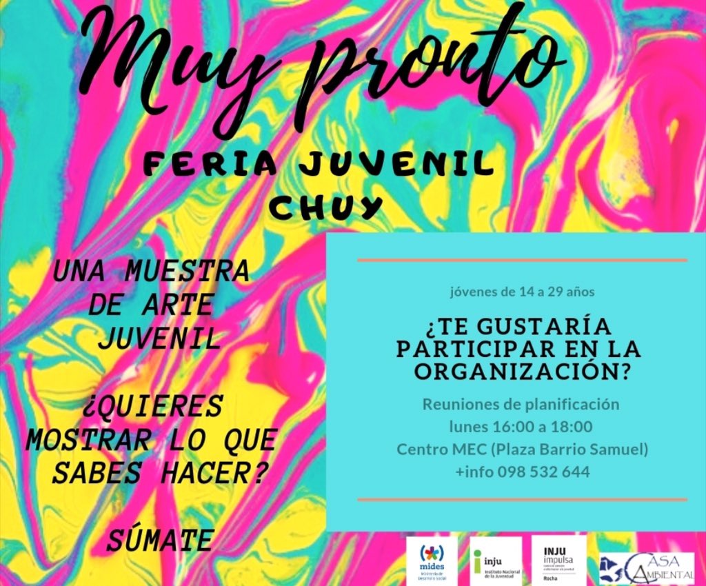 ImpulsaRocha's tweet photo. ⚠️Atención Chuy❗️

Se está armando la feria de arte juvenil! Te podes sumar para mostrar lo qué haces o en la organización del evento. 

Te esperamos 💪🏼 https://t.co/DzPMSRBtFe