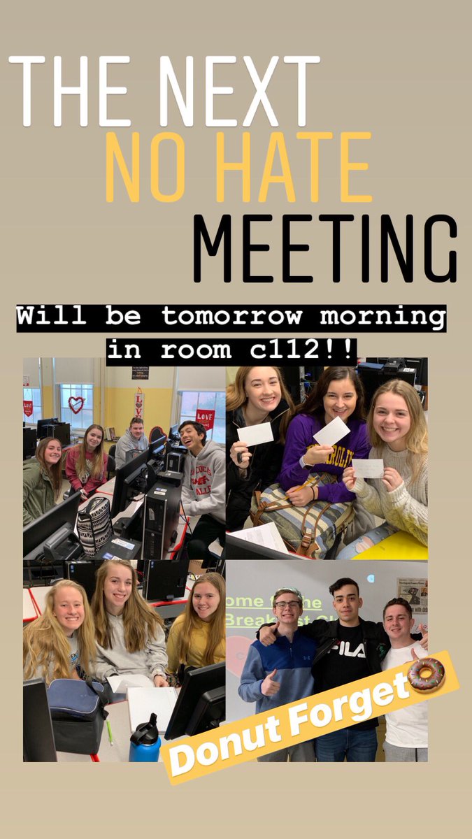 The next meeting for the No Hate Breakfast Club will be tomorrow morning! All are welcome to attend!!