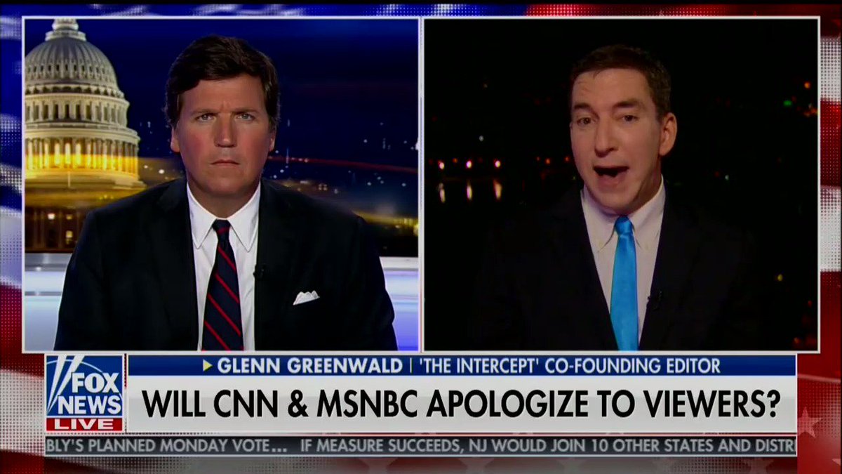 Greenwald has been back on the white supremacist Tucker Carlson's show (which along with Laura Ingraham and  @democracynow is among the three places he frequents) and he is attacking CNN and MSNBC. He believes he has been vindicated by Mueller. He hasn't.