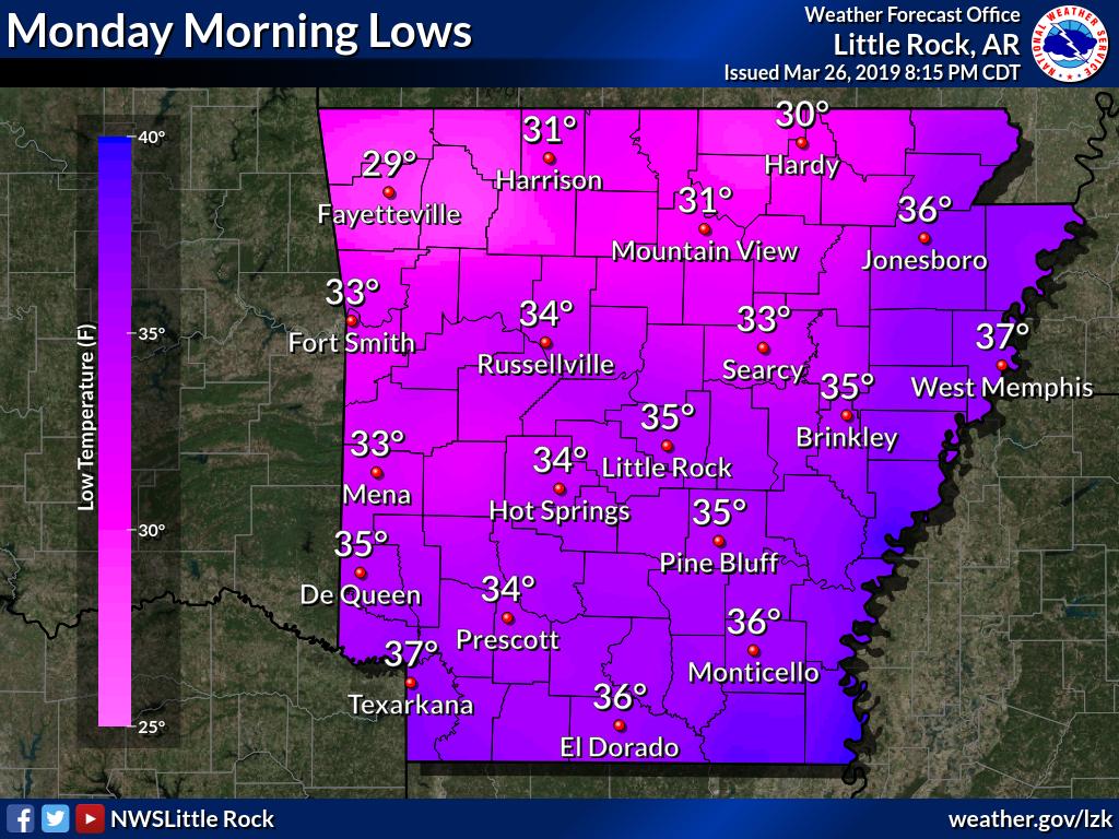 NWSLittleRock's tweet photo. Across the state, average last freeze dates range from mid-March through mid-April. We expect near to below freezing temperatures across parts of the state for Saturday night into Sunday morning and Sunday night into Monday morning. #arwx https://t.co/Qxzfye5oZW