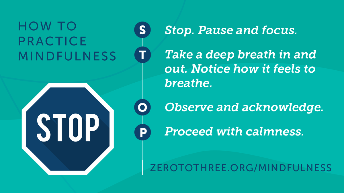 #Mindfulness is paying attn to the present moment &amp; what is going on around &amp; inside you. Practice mindfulness by using the S.T.O.P Strategy. Following these 4 steps when interacting w/ children will help you react &amp; engage in a calmer manner &amp; it may also help relieve stress.