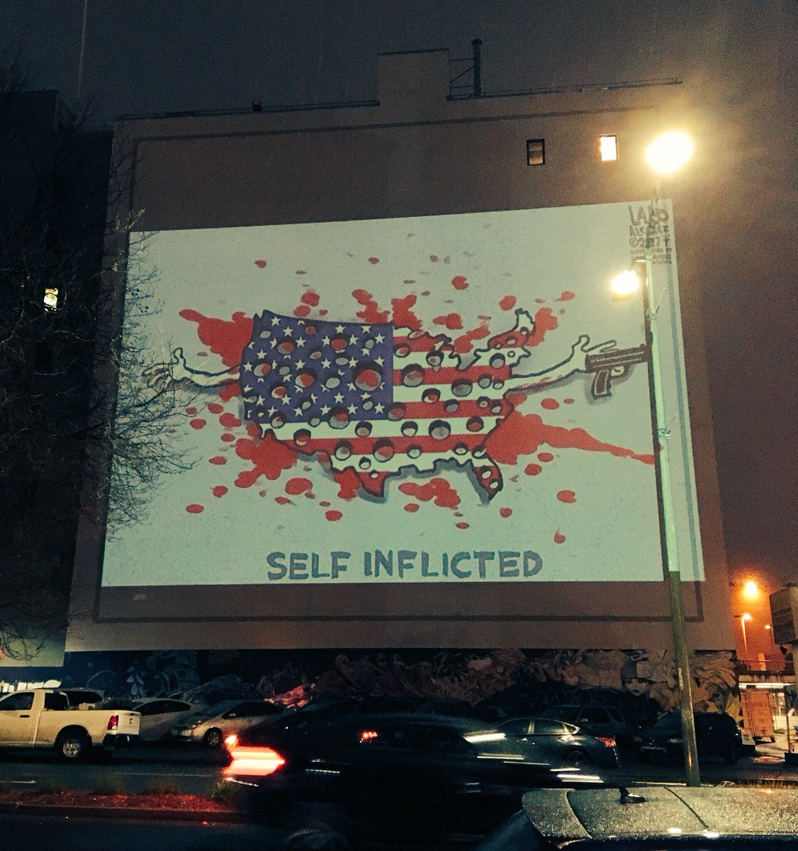 AEMarling's tweet photo. Projected art by @laloalcaraz in Oakland in honor of the work done by @AMarch4OurLives and continues to do.
@GOP, your #YourComplacencyKillsUs. #SurviveUS https://t.co/hjroCmwESf