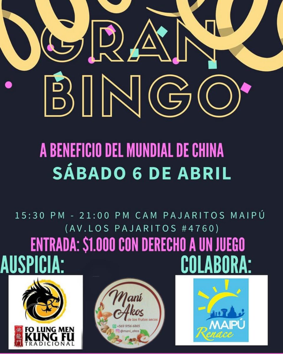 CTerracotas's tweet photo. Gran bingo a beneficio de nuestros deportistas para el mundial 8th World Kungfu Championship en China todos apoyemos💪💪🏅🎎 @maipu_chile @culturaenmaipu @revistamaipu #folungmen #mani_akos #maipu @maipuchile @maiputelevision #8thWorldKungfuChampionship https://t.co/BRSAWMsJhI