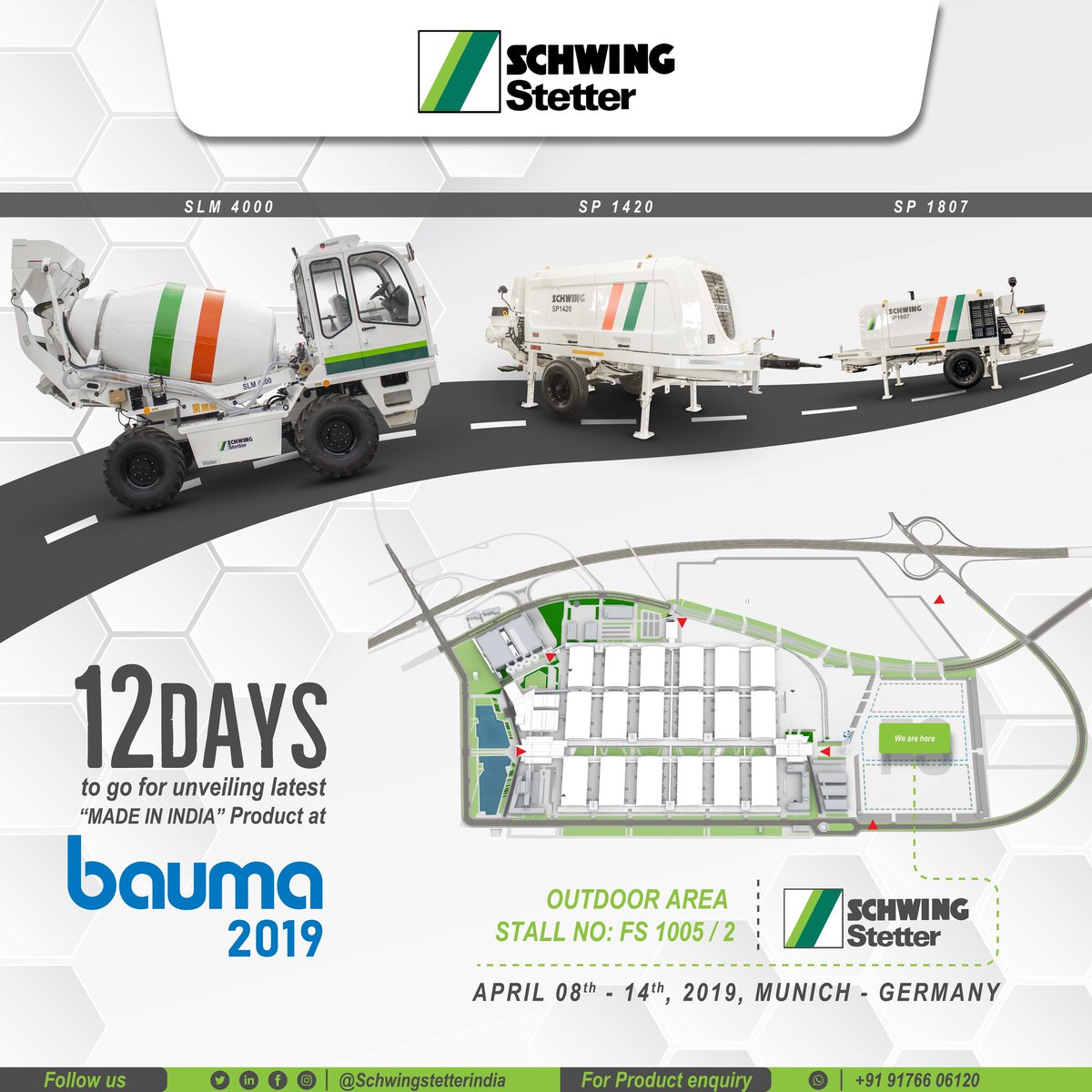 SchwingIndia's tweet photo. 12 days to go for unveiling latest
"MADE IN INDIA" Products in bauma 2019, Munich, Germany.
#bauma #baumamunich #bauma2019 #baumagermany #heavymachinery #concretepump #selfloadingmixer #technology #construction #MadeinIndia #makeinindia #baumaofficial #concretepump https://t.co/pIeAWI4PCc