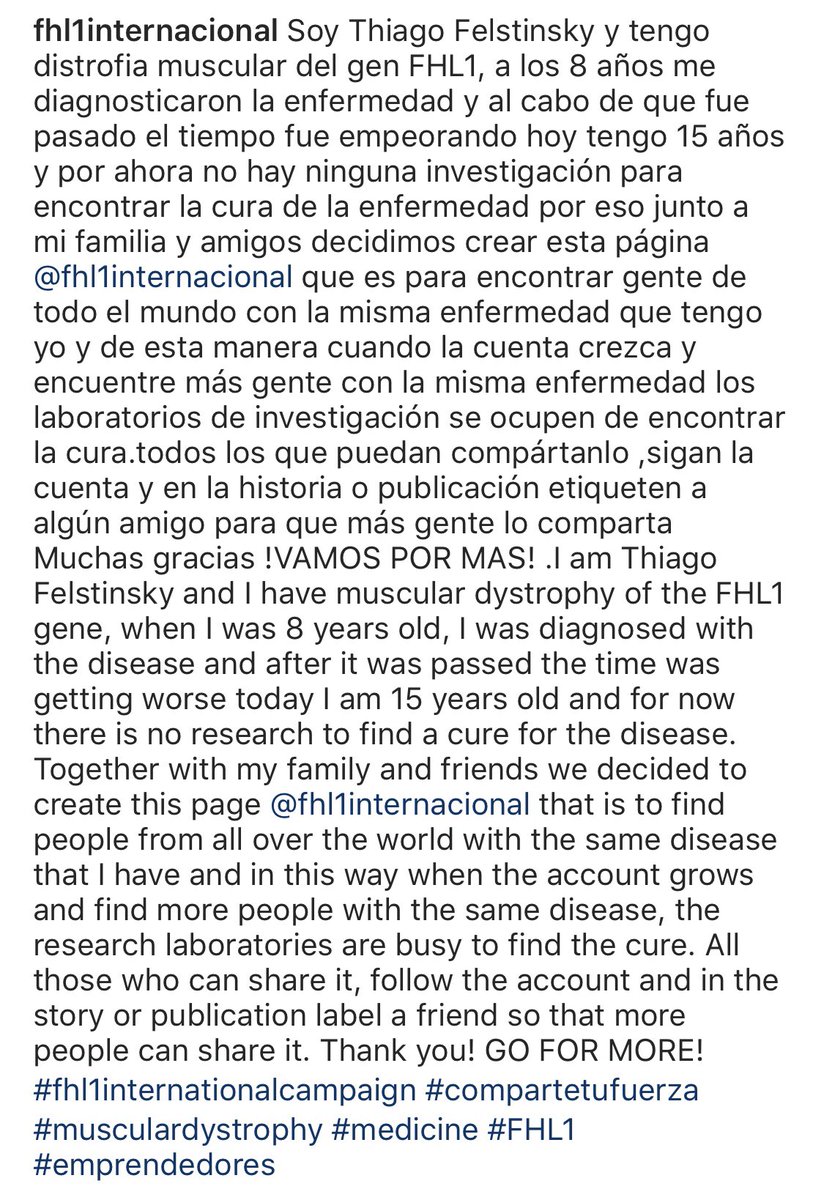 El es Thiago, sufre de distrofia muscular del gen FHL1, una enfermedad muy rara, que no tuvo ninguna investigación para encontrar la cura. Thiago y su familia escribieron esto y quieren que se viralice. La cuenta está en instagram. Le dan un RT? Gracias!
